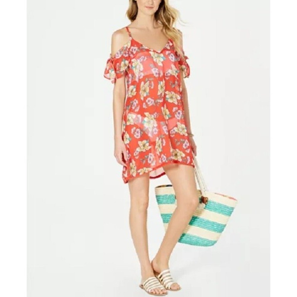 Miken Swimsuit Cover-Up Size Small Dress Cold Shoulder Red Floral Sheer NEW